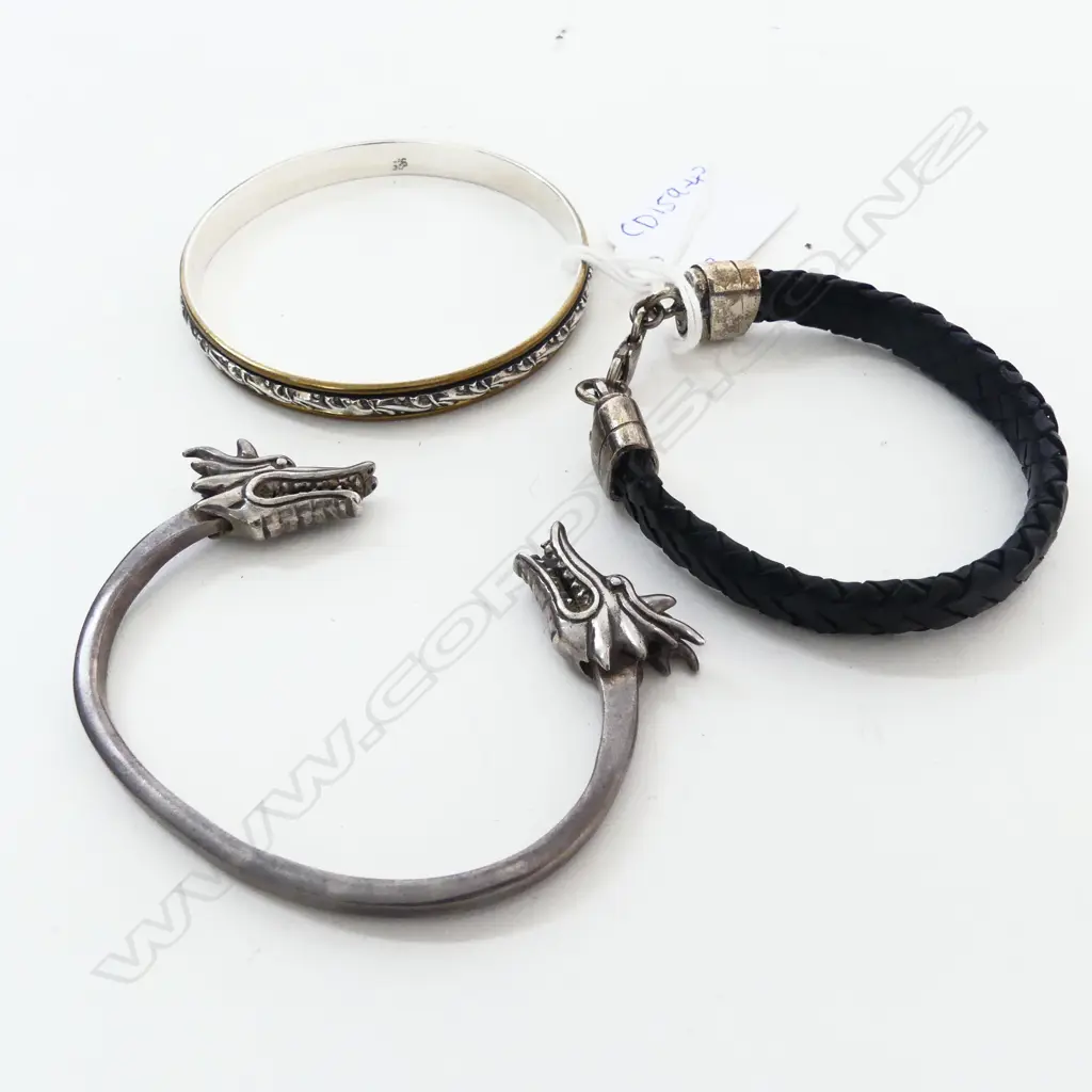 2 STG SILVER CUFFS/BANGLE & LEATHER BRACELET w. STG CLASP Image 1++