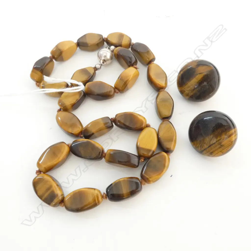STG SILVER & TIGERS EYE NECKLACE L.520mm w. MATCHING MAGNETIC CLIP ON EARINGS  Image 1++