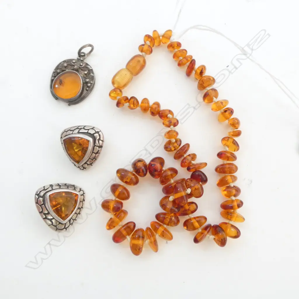 AMBER CHILDS NECKALCE, PR STG SILVER & AMBER CLIP ON EARINGS + AMBER PENDANT (BUG TRAPPED IN AMBER) Image 1++