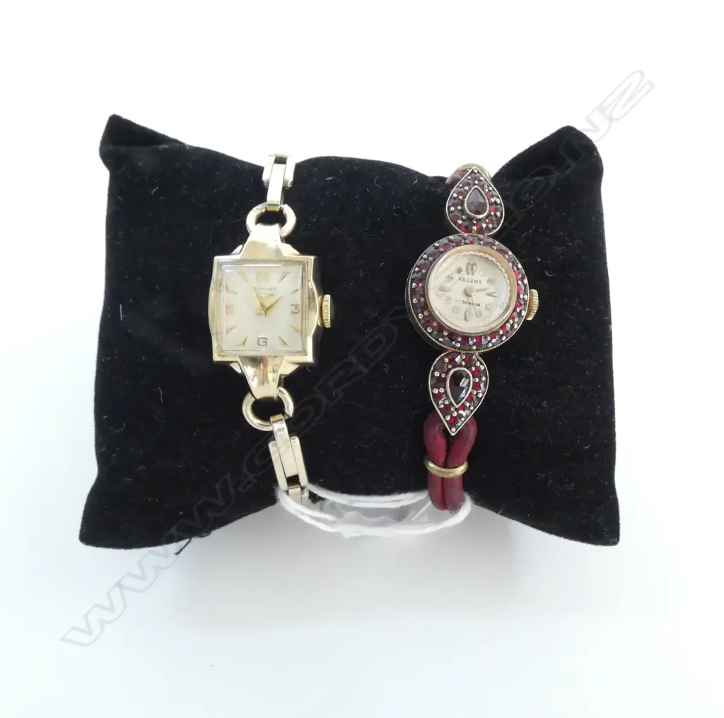2 VINTAGE LADIES WRIST WATCHES; GP LONGINES, REGENT (POSSIBLY SET w. GARNETS) Image 1++