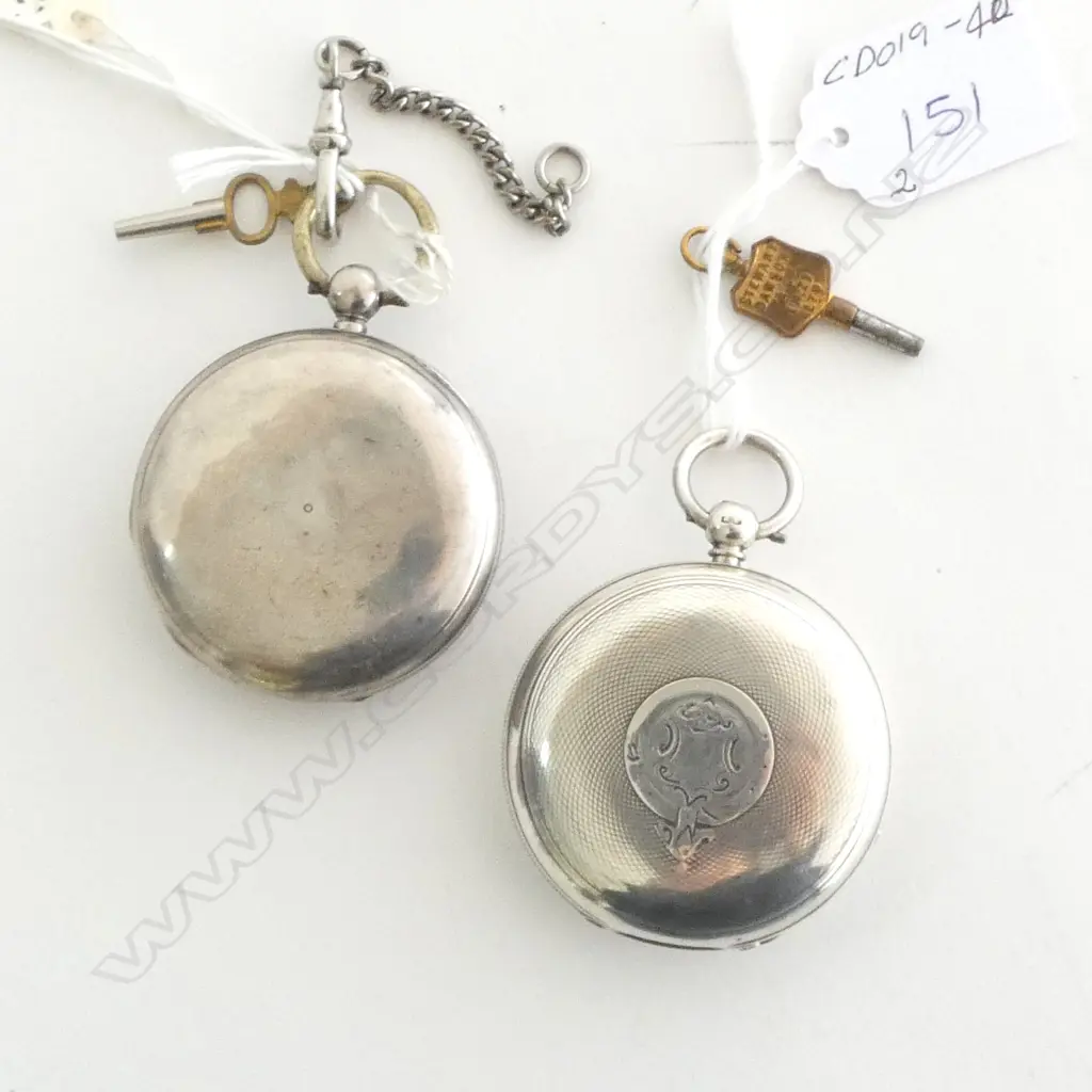 TWO SILVER CASED VICTORIAN POCKET WATCHES w. KEYS Image 1++