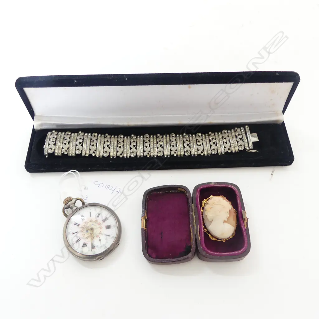 COSTUME BRACELET (AF), CAMEO (9CT LINED) & POCKETWATCH (AF) 800 SILVER CONTENT Image 1++