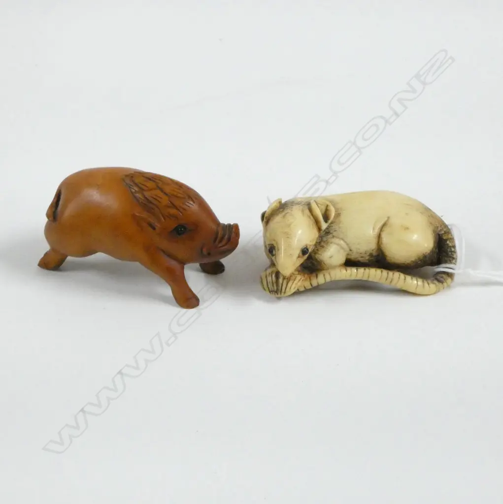 CARVED IVORY NETSUKE RAT w. CARVED WOOD NETSUKE BOAR (SIGNED)  Image 1++