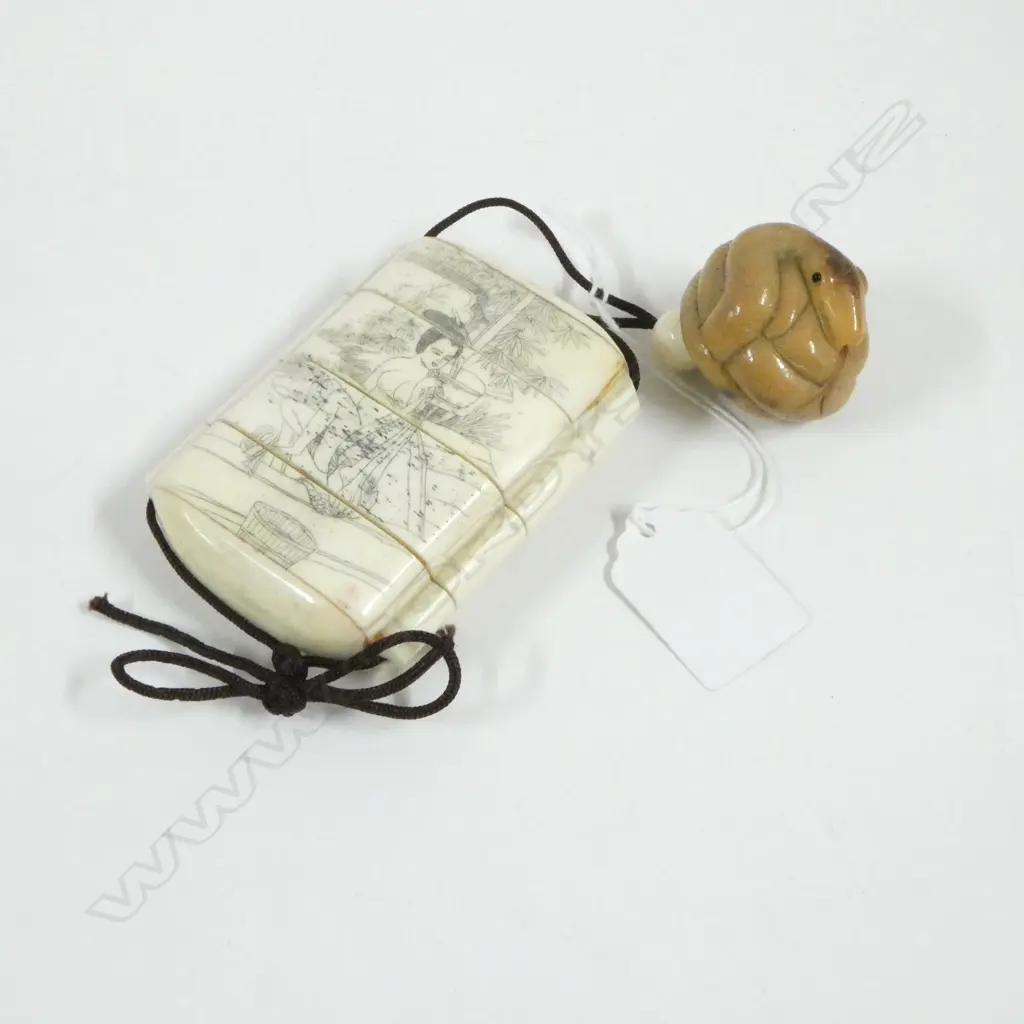 JAPANESE BONE INRO w TAGUA SNAKE NETSUKE, CARP & WOMAN WASHING CARVING Image 1++