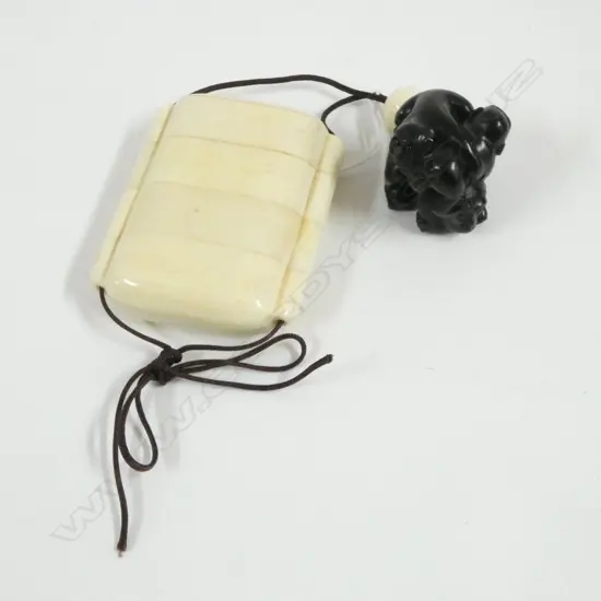 JAPANESE BONE INRO w GRP of MONKEYS WOODEN NETSUKE