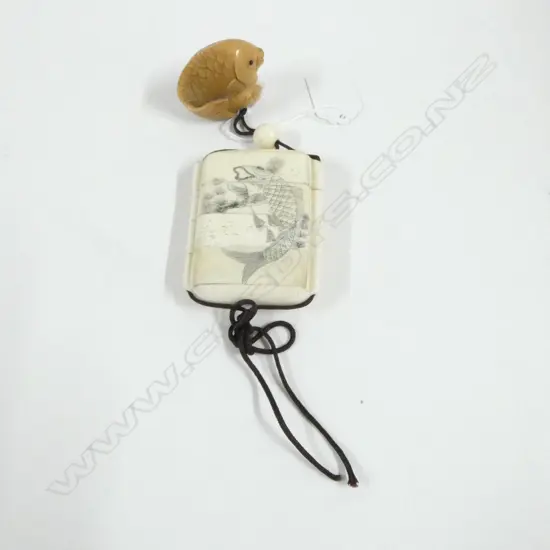 JAPANESE BONE INRO w TAGUA CARP NETSUKE, 4 SECTION INRO CARVED w KOI & 2 WOMEN