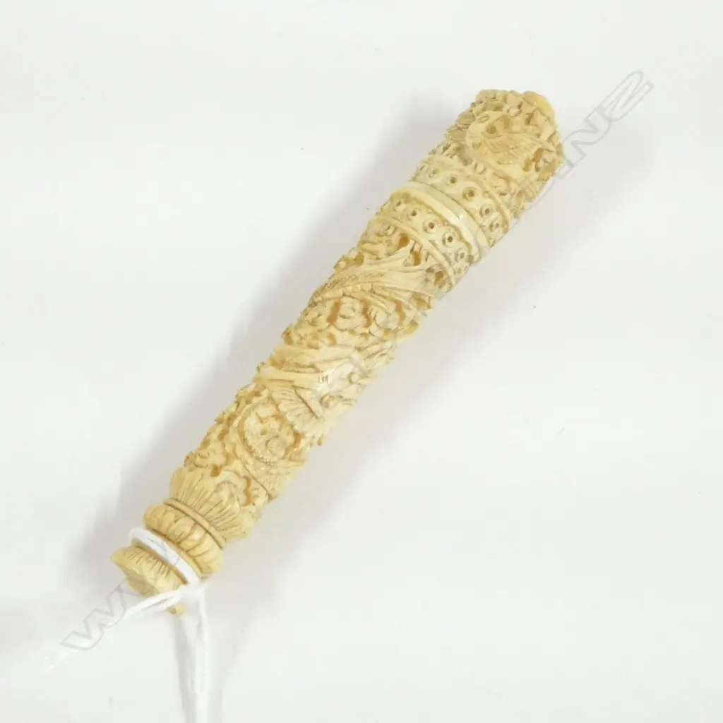 IVORY NEEDLE CASE, FINE DRAGON & BIRD CARVINGS, BROKEN, L.85mm  Image 1++