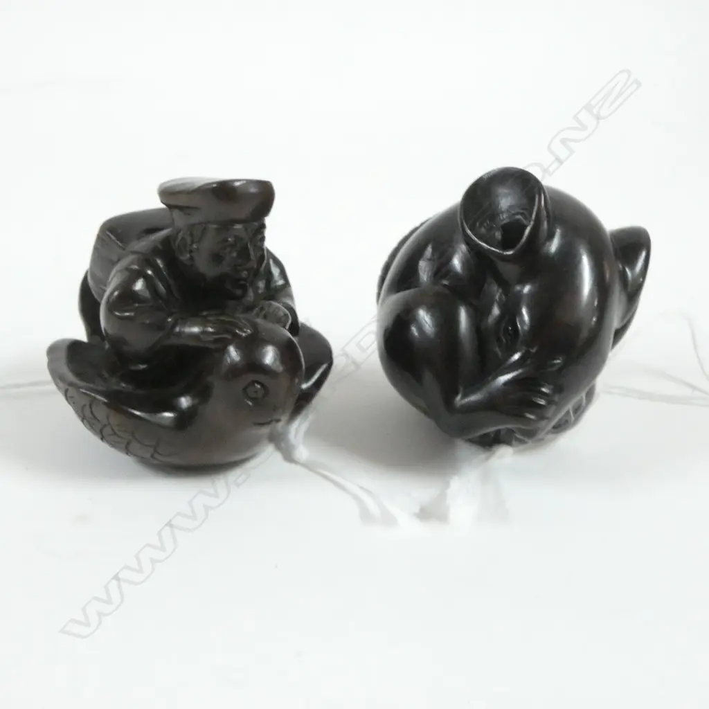 TWO CARVED WOOD NETSUKE, RAT & MAN RIDING BIRD, SIGNED Image 1++