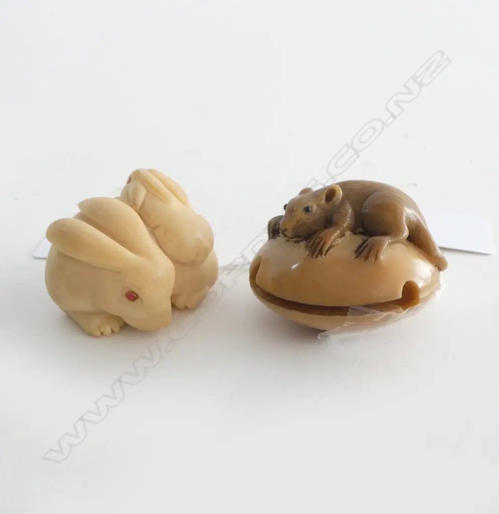 TWO TAGUA NUT CARVED NETSUKE; RAT on DRUM & MOTHER HARE w BABY both w INLAID EYES, SIGNED Image 1++