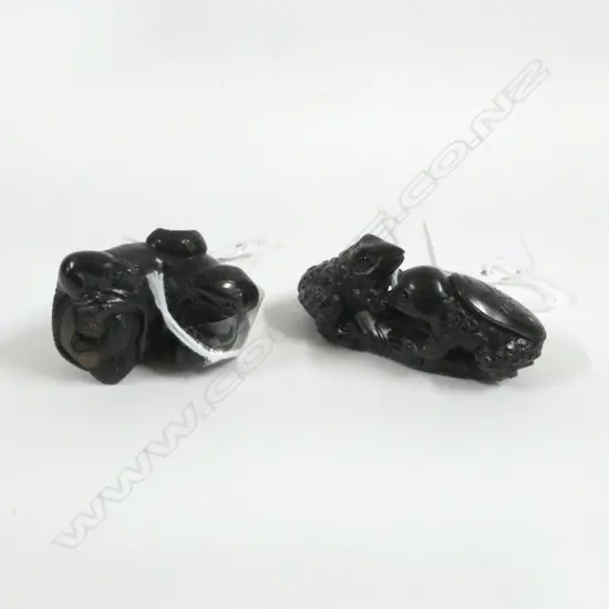 TWO CARVED WOOD NETSUKE; 2 TOADS, MOUSE & SNAKE, SIGNED