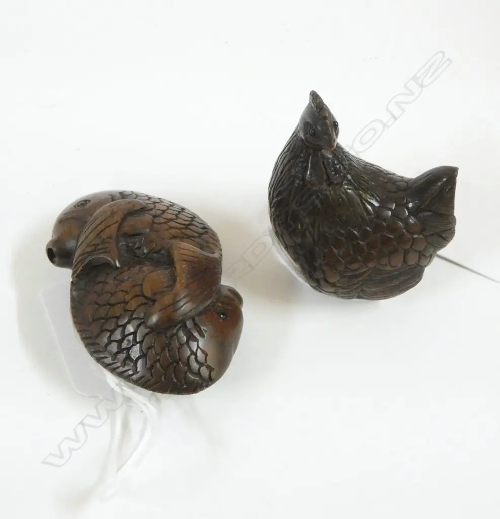 TWO ROSEWOOD NETSUKE; TWIN CARP & CHICKEN Image 1++