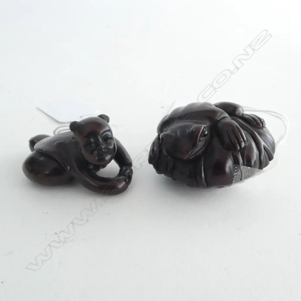 TWO ROSEWOOD NETSUKE; FROG on LOTUS LEAF & CRAWLING BABY Image 1++