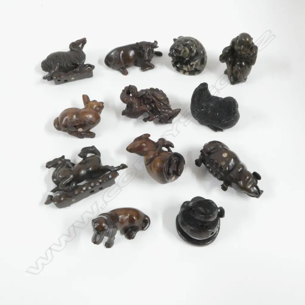 SET 12 CARVED IRONWOOD NETSUKE; ANIMALS of the CHINESE ZODIAC, SIGNATURE MARK TO BASE Image 1++