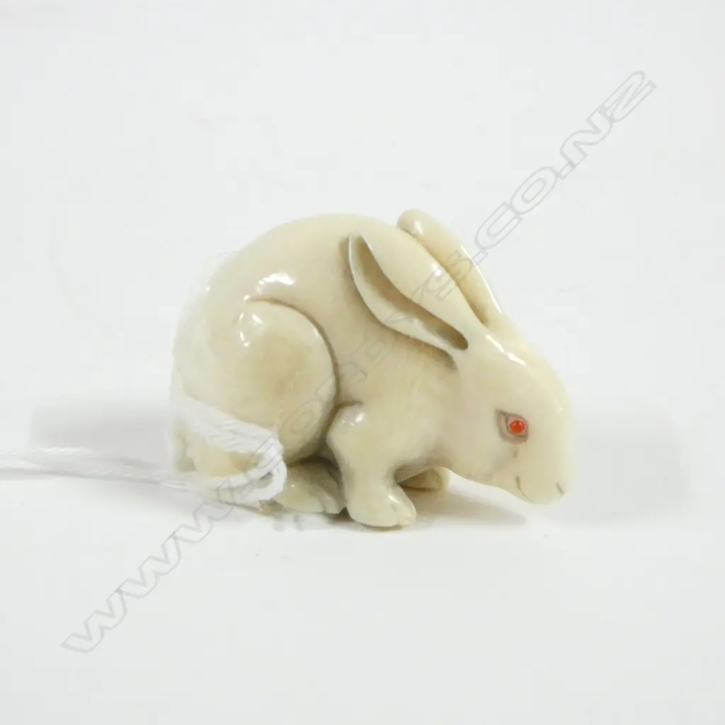IVORY NETSUKE HARE w INLAID EYES, SIGNED Image 1++