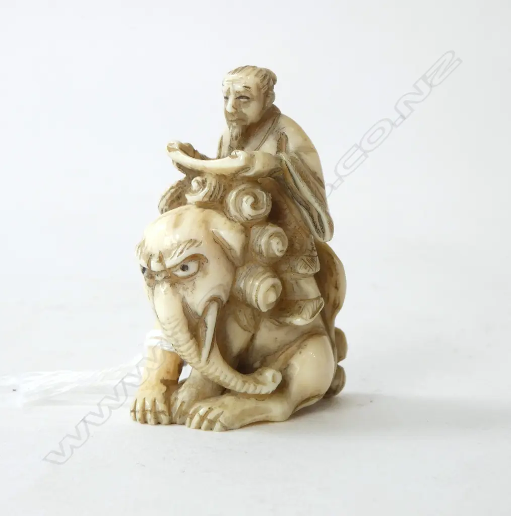 IVORY NETSUKE SENNIN on ELEPHANT, SIGNED Image 1++