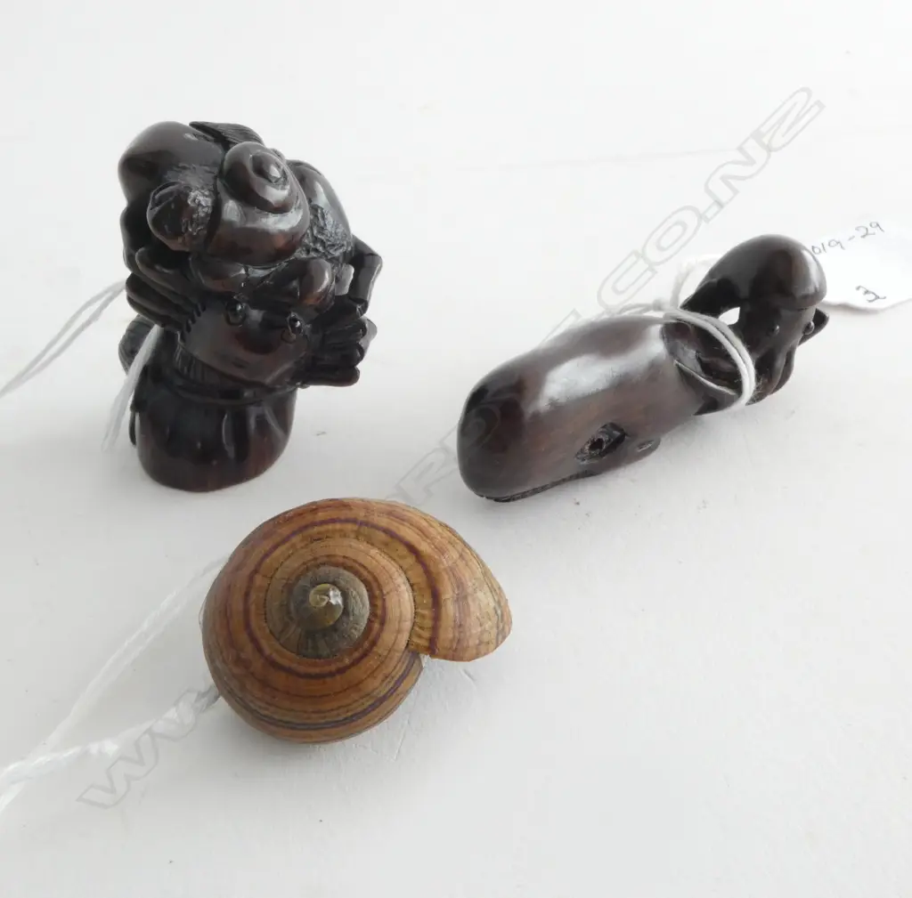 TWO CARVED ROSEWOOD NETSUKE; WHALE w SQUID & CRAB CLIMBING LOTUS POD, SIGNED & LACQUERED SHELL Image 1++