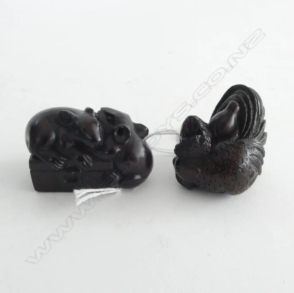 TWO CARVED ROSEWOOD NETSUKE; MICE on SUITCASE & ROOSTER, HEN WITH 2 CHICKS, SIGNED Image 1++