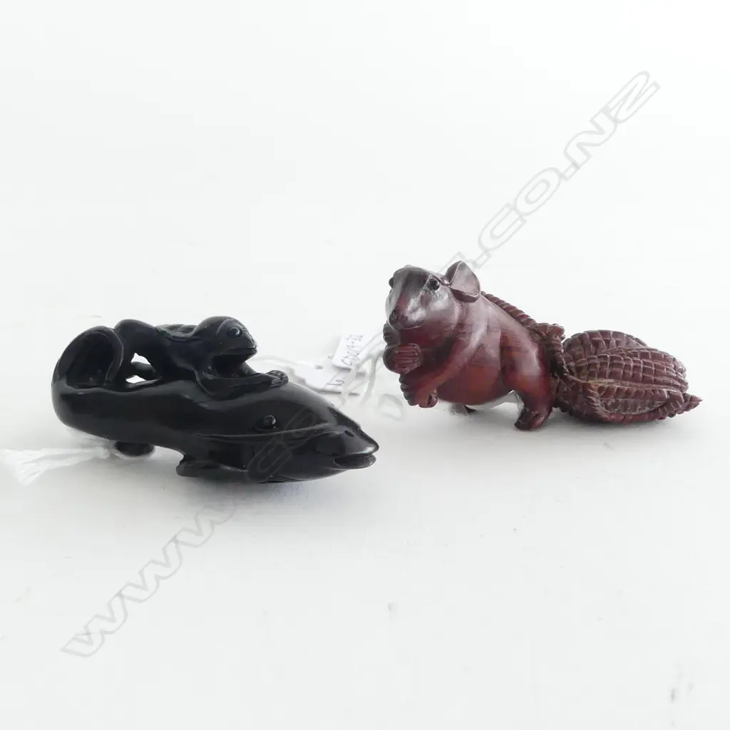 TWO CARVED NETSUKE; FROG RIDING WHALE & SQUIRREL w CORN Image 1++