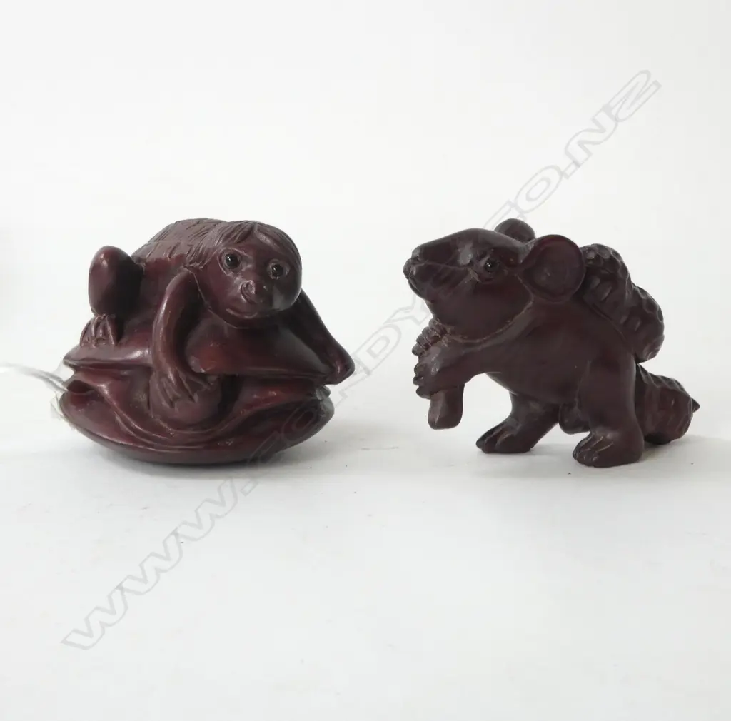 TWO CARVED ROSEWOOD NETSUKE; FROG IN TURTLE SHELL on LILYPAD & SQUIRREL w NUTS Image 1++