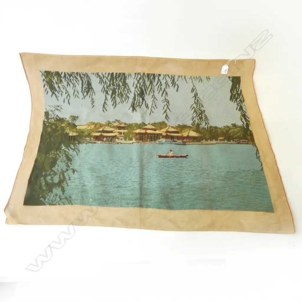 JAPANESE TAPESTRY RIVER SIDE PAGODA BUILDINGS 540 X 790mm Image 1++