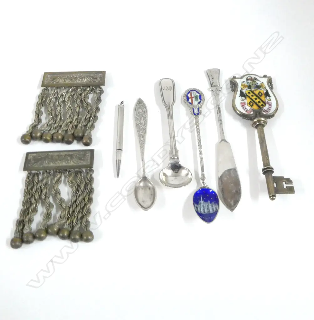 STG SILVER & ENAMEL 'BOROUGH OF HEYWOOD HEALTH OFFICES...1934' KEY, CONT. SILVER SPOON, STG PROPPELING PEN, etc (6) Image 1++