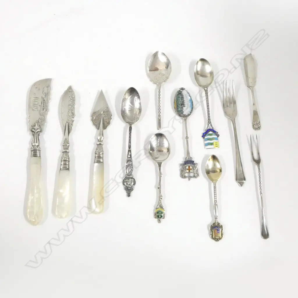 4 STG SILVER & ENAMEL SOUVENIR SPOONS, 3 STG UTENSILS w. MOP HANDLE & 5 STG SILVER UTENSILS (1 w. STEM BROKEN) Image 1++