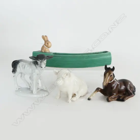 4 ANIMAL ORNS BESWICK FOAL BLACK MARK BELLECK PIG CONT CALF & SLYVAC BUNNY VASE L210MM