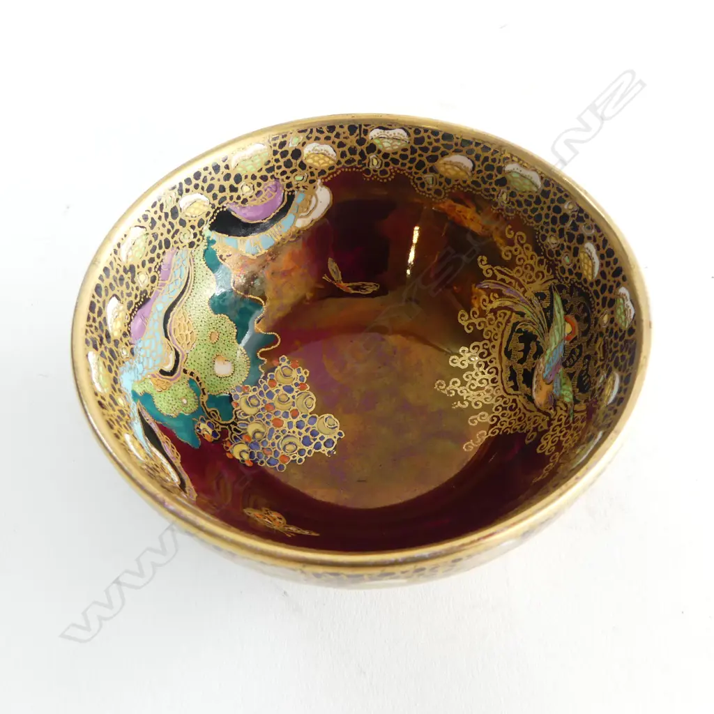 CARLTON WARE SMALL BOWL polychrome enamelled & gilded birds & butterflies Dia.100mm Image 1++