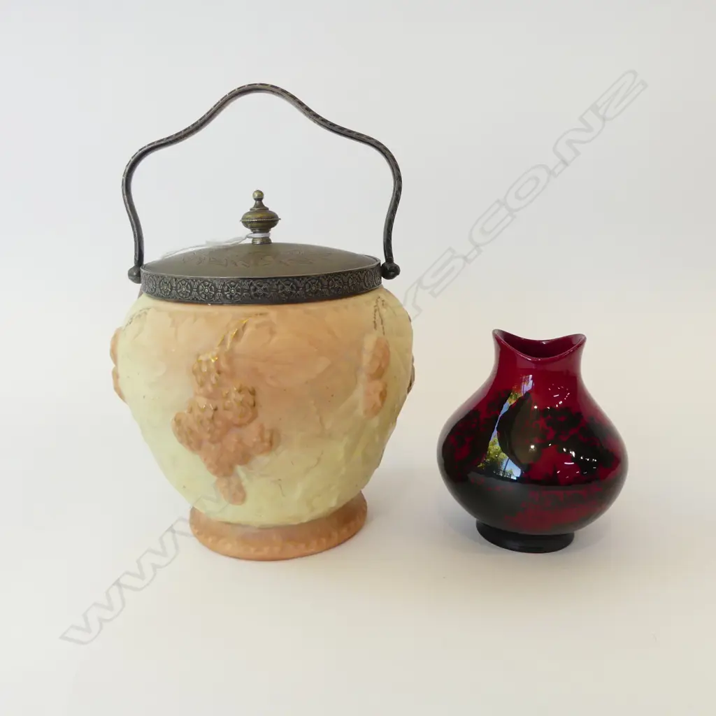 LOCKE & Co. WORCESTER BLUSH PORCELAIN BISCUIT BARREL H.170mm + ROYAL DOULTON FLAMBE VASE Image 1++