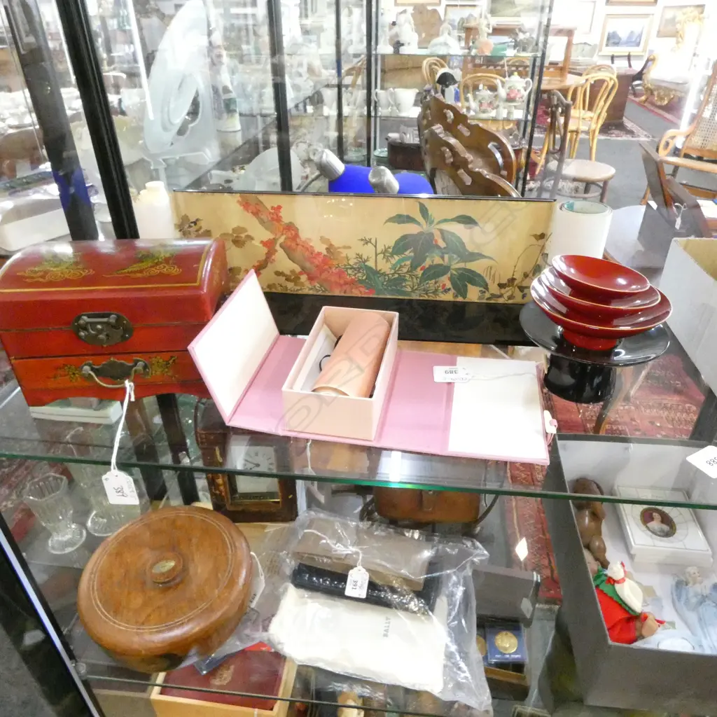 JAPANESE SCROLL ON DISPLAY STAND, REPRODUCTION SCROLL BY SAKAI HOITSU,  LACQUER BOX & DISHES Image 1++