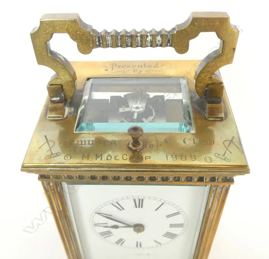 CASED CARRIAGE CLOCK w. REPEATER 'PRESENTED BY REMUERA C. (CROQUET) CLUB M. M. DE CAMP 1909' H.175mm + KEY Image 1++