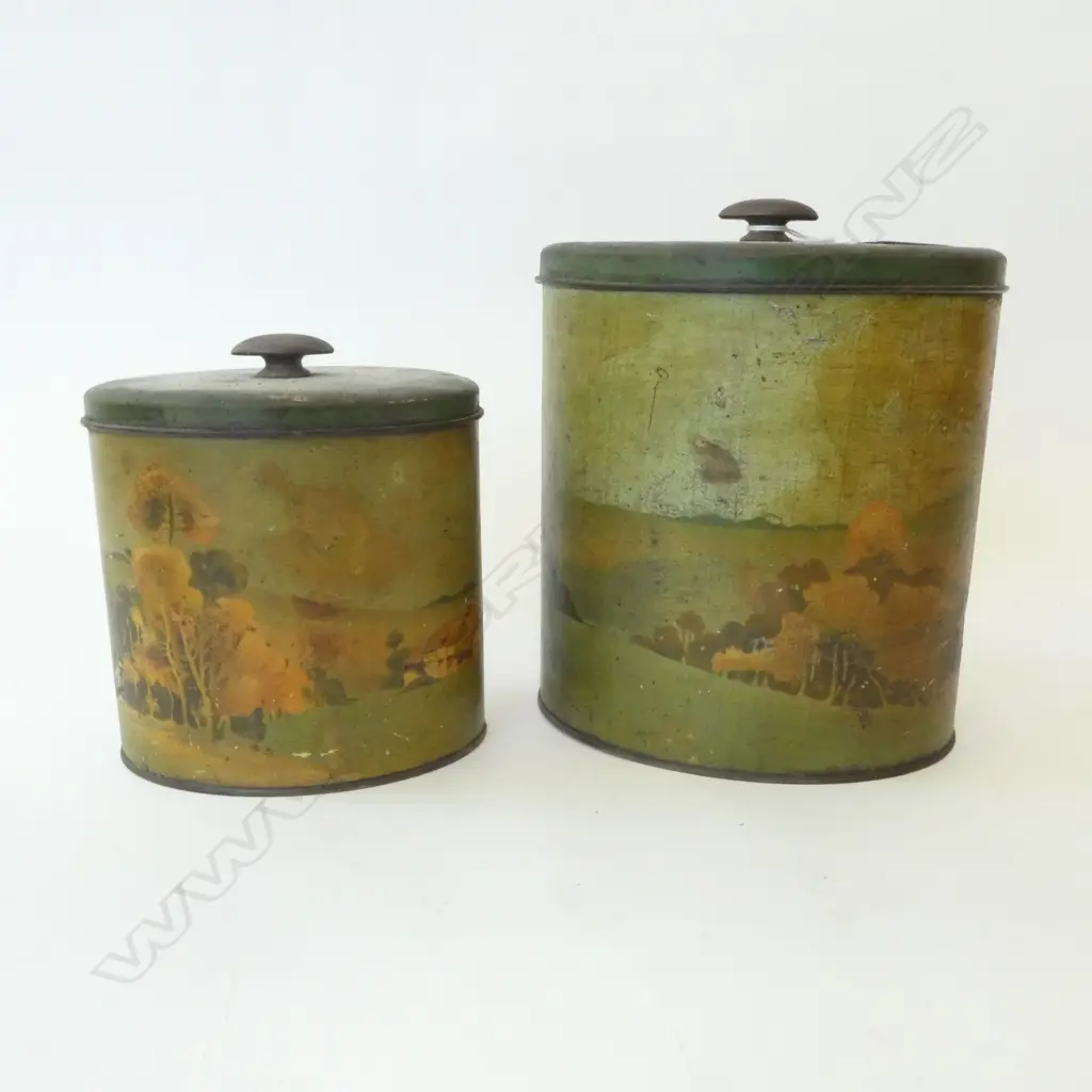 ANTIQUE 'FLOUR' & OTHER TIN; Decorated w. country scene H.220mm Image 1++