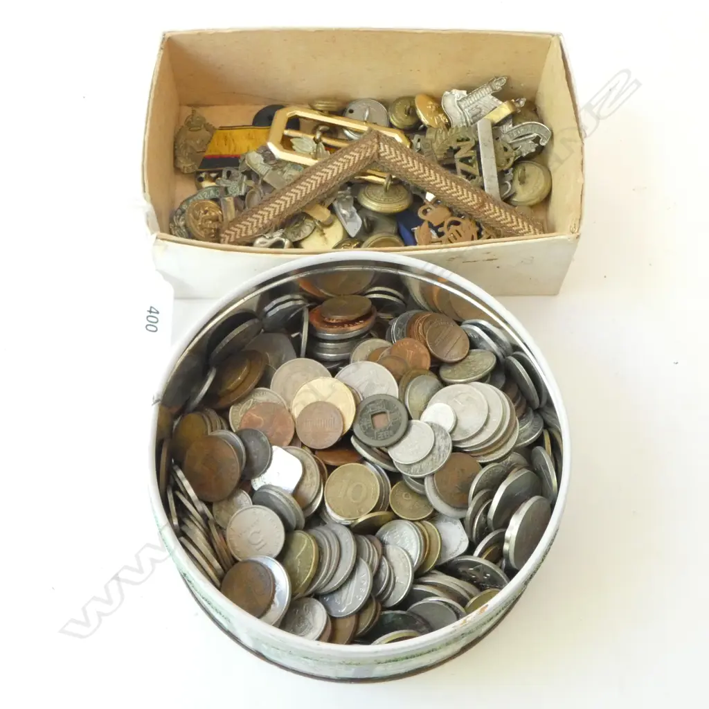 ASST MILITARY PINS, BADGES, WORLD COINS, etc; INCLUDING NZ, EGYPT Image 1++