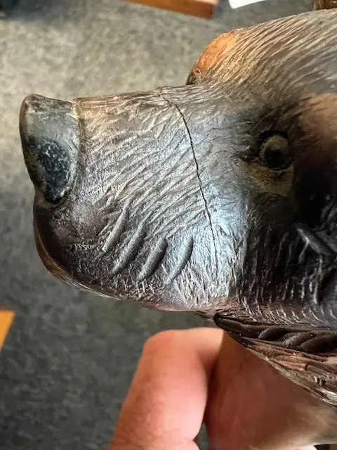OLD CARVED BLACK FOREST WOODEN BEAR HEAD NUTCRACKER H.190mm CATALOGUE ALTERATION NOTE: crack to top of snout Image 1++