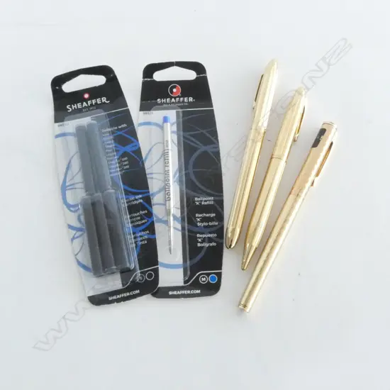 3 SHEAFER GILT PENS: 2 X FOUNTAIN 1 W 18ct NIB + ROLLER BALL + refills