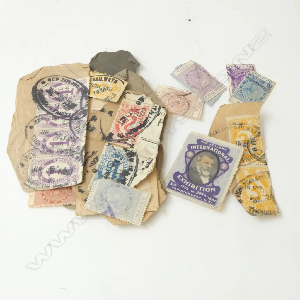 SELECTION OLD NZ STAMPS & LABELS. 'Railway Charges' + ChCh Exhib. + postal fiscals  Image 1++