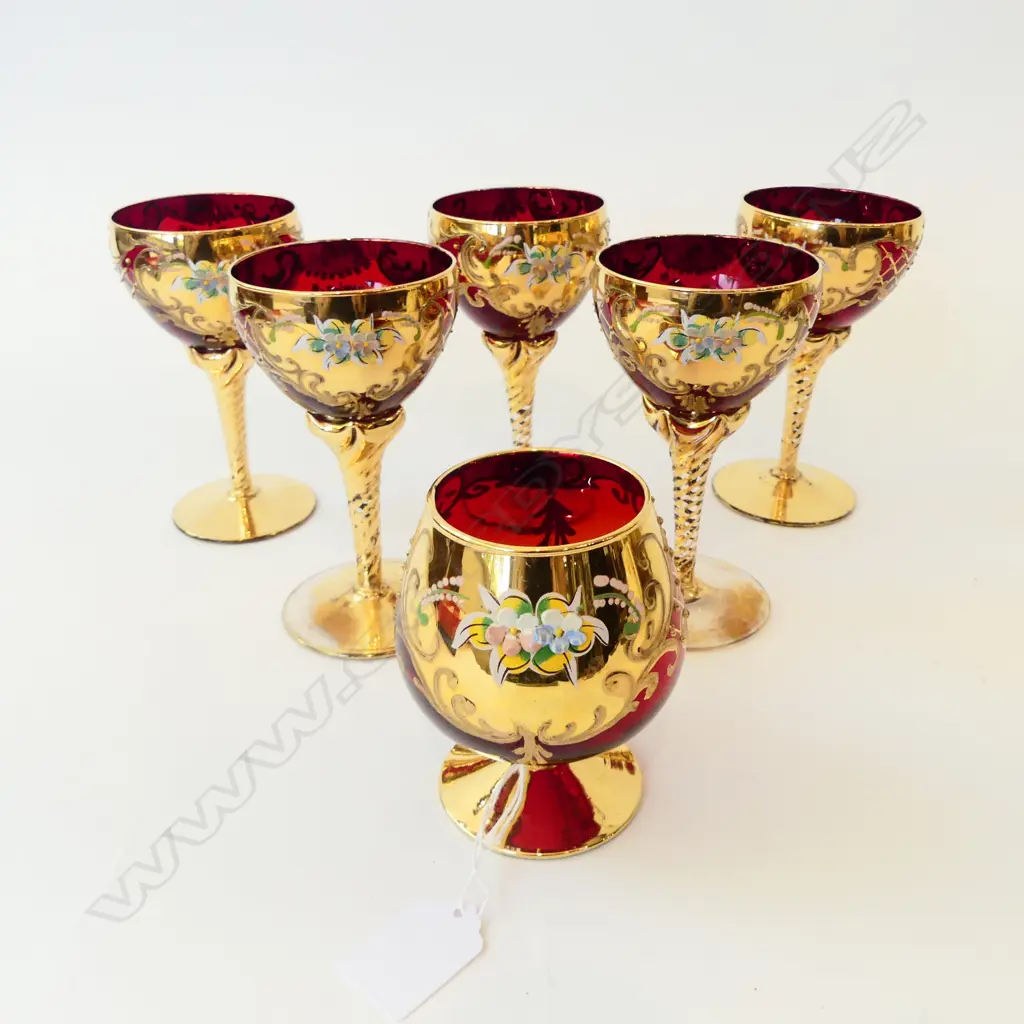 6 RED VENETIAN STEM GLASSES (5+1) Image 1++
