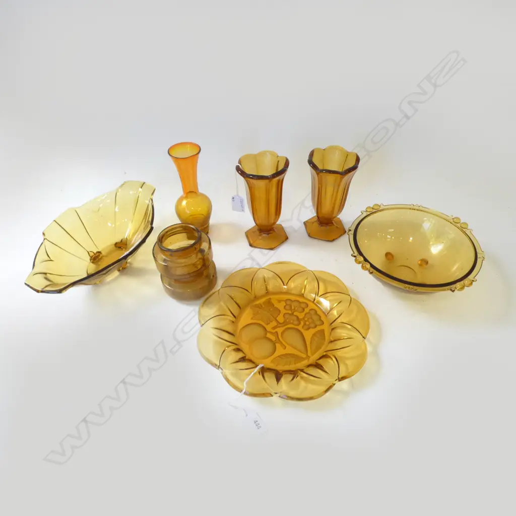 7 PCES AMBER GLASS; 2 PR VASES, VASES, 2 BOWLS, etc Image 1++