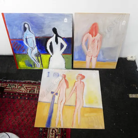 LEE FELTHAM, NUDES & " BLUEBERRY MUFFIN", ACRYLIC ON BOARD X 3, SIGNED 2017, 610 X 610MM provenance below