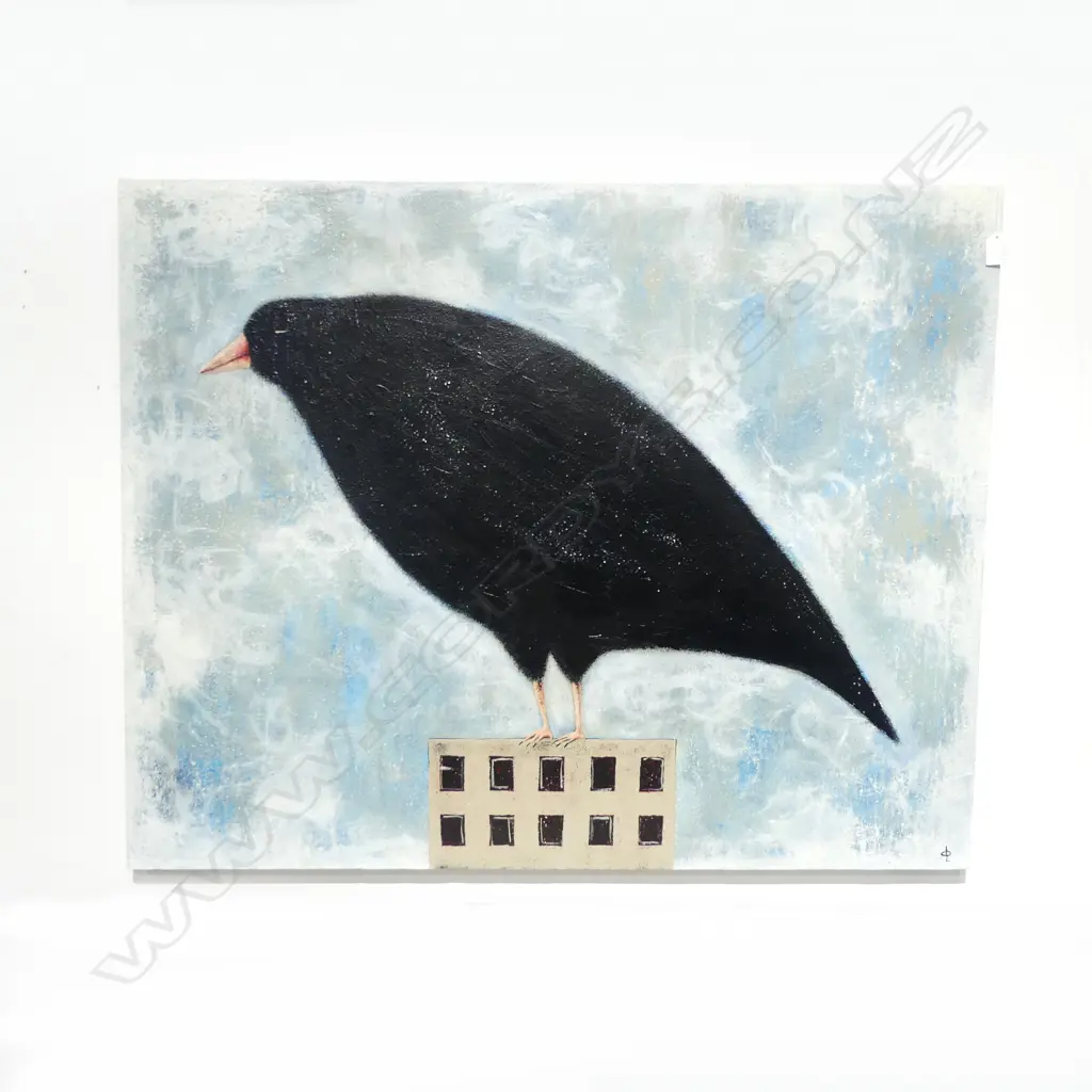 NICK FEDAEFF, BLACK BIRD ON BUILDING, ACRYLIC ON CANVAS 800x1005mm Image 1++