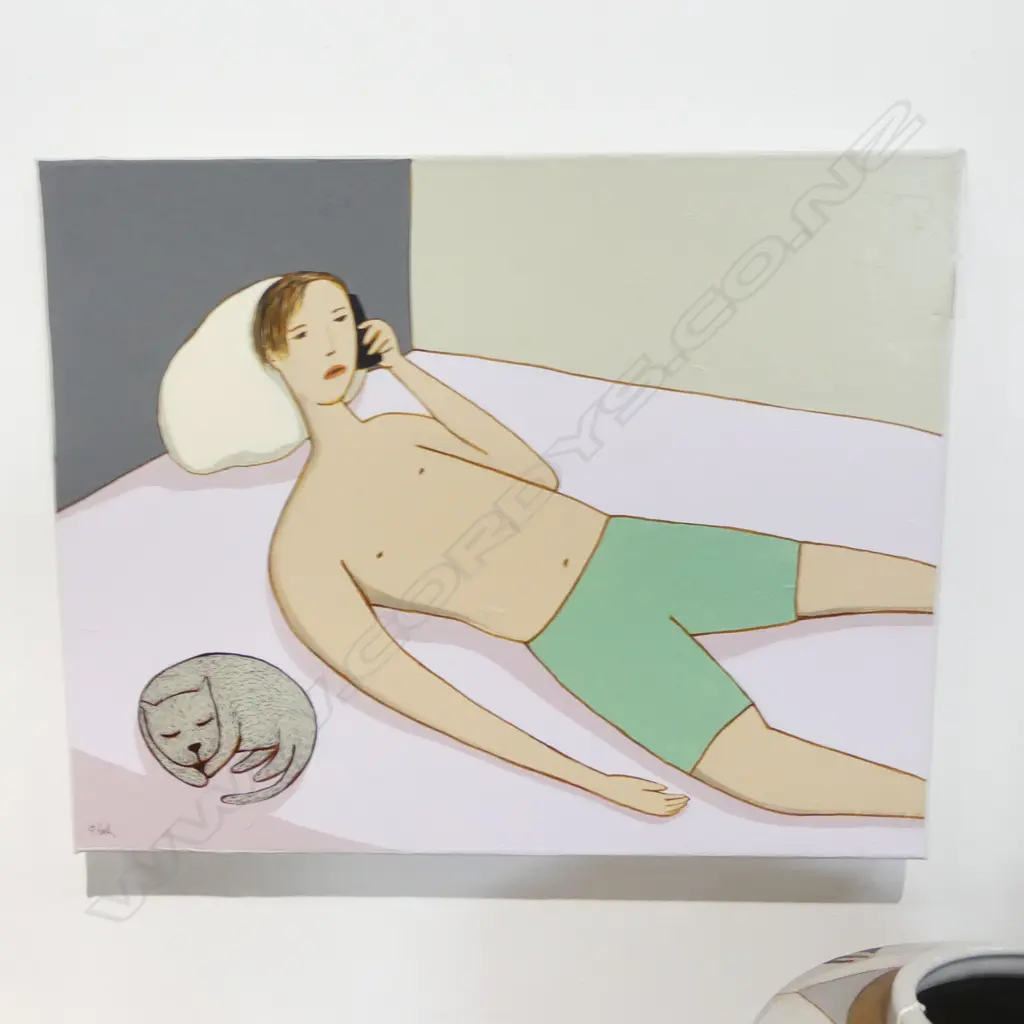 NICK FEDAEFF, UNTITLED (BOY w. CAT) ACRYLIC ON CANVAS 400x510mm Image 1++