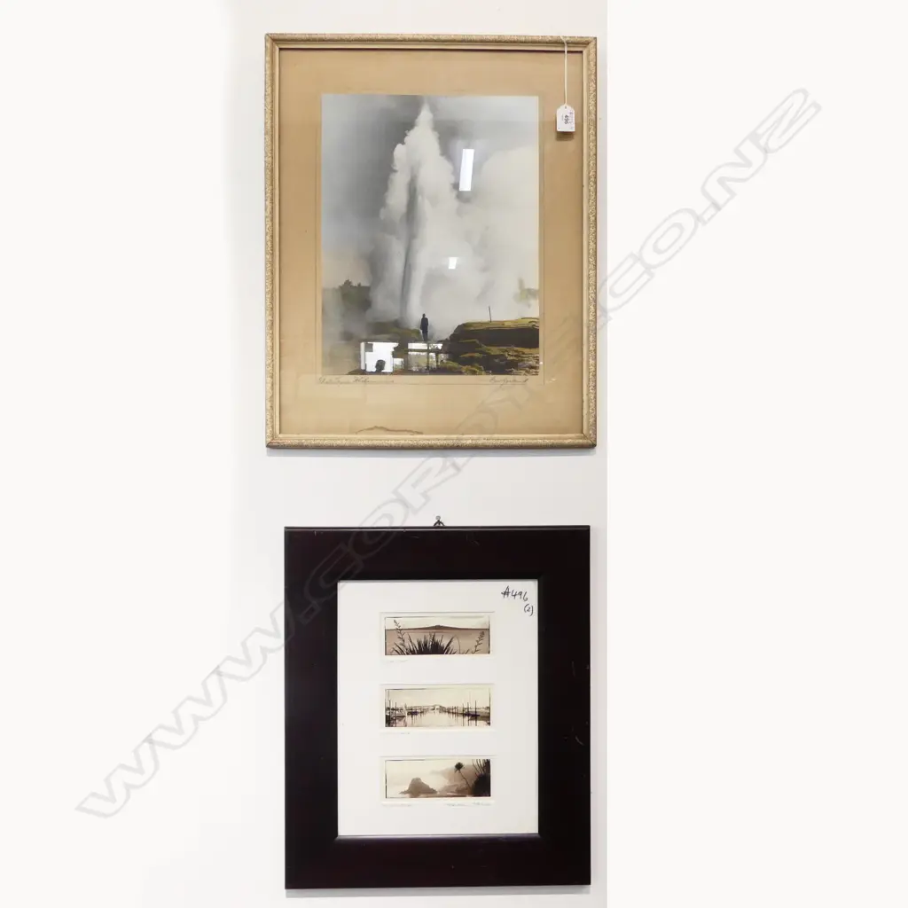 AUCKLAND PHOTO TRIPTYCH + POHUTU GEYSER WHAKAREWAREWA HAND COLOURED PHOTO 380x295mm Image 1++