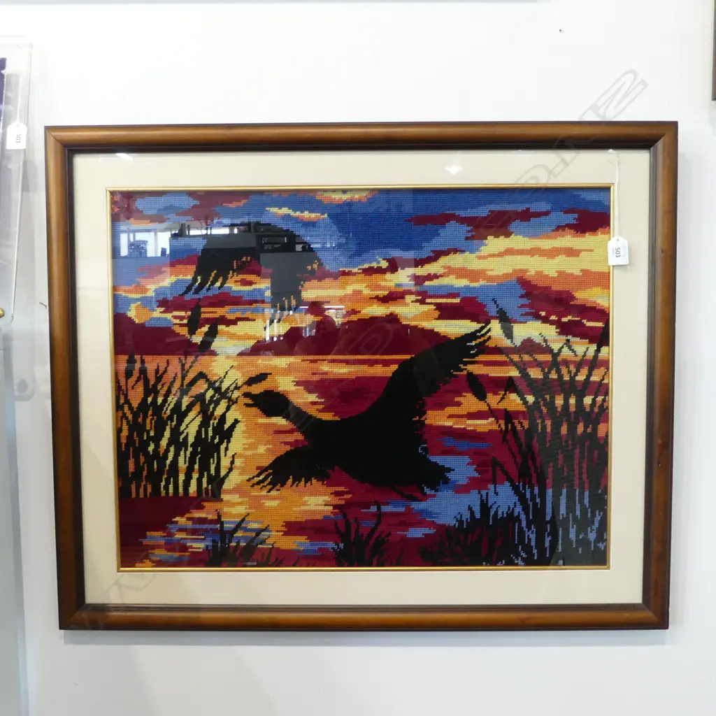 FRAMED NEEDLEWORK, LAKE SUNSET w. DUCKS 475x625mm Image 1++