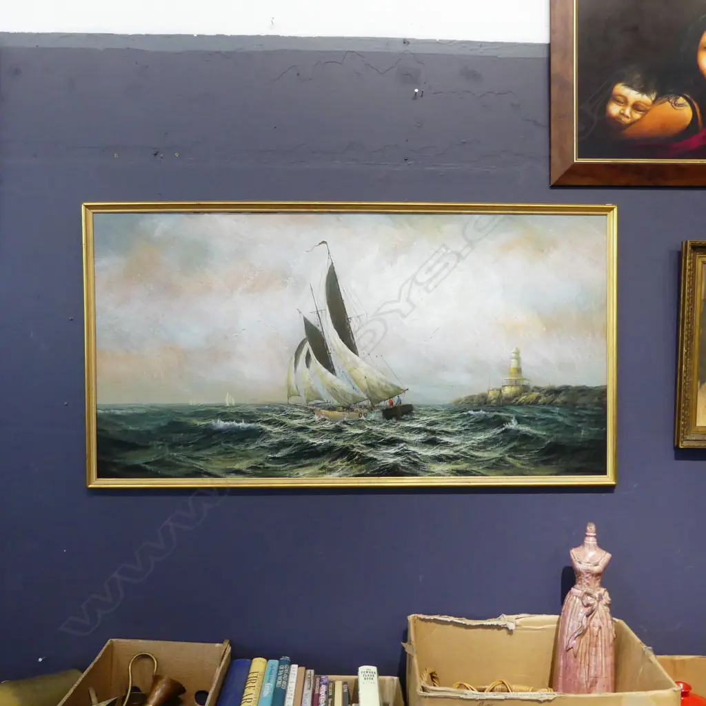 SEASCAPE w. YACHT, OIL ON BOARD 610x1190mm Image 1++