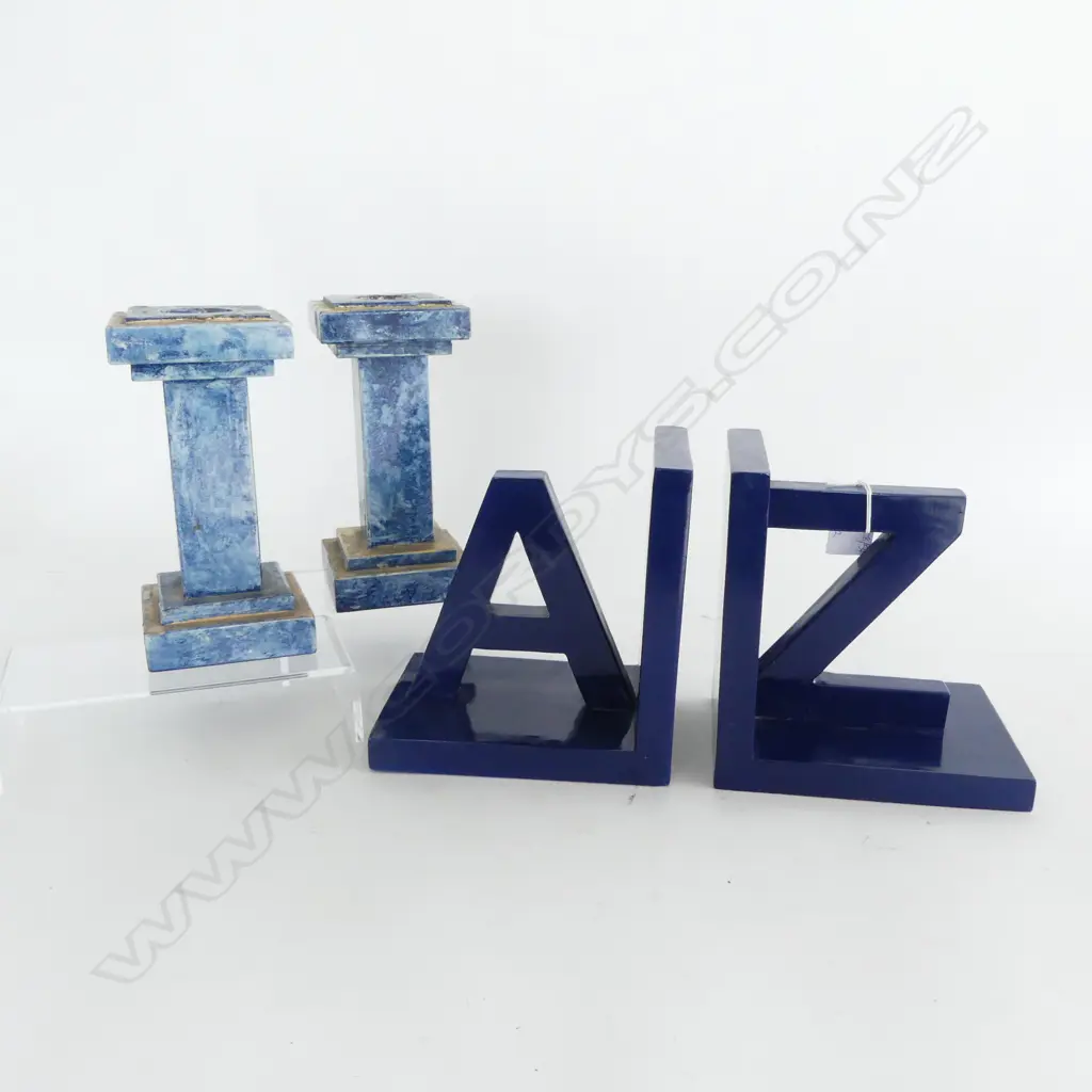 HEAVY BLUE RESIN 'A' & 'Z' BOOKENDS H.170mm + PR CANDLESTICKS H.190mm Image 1++
