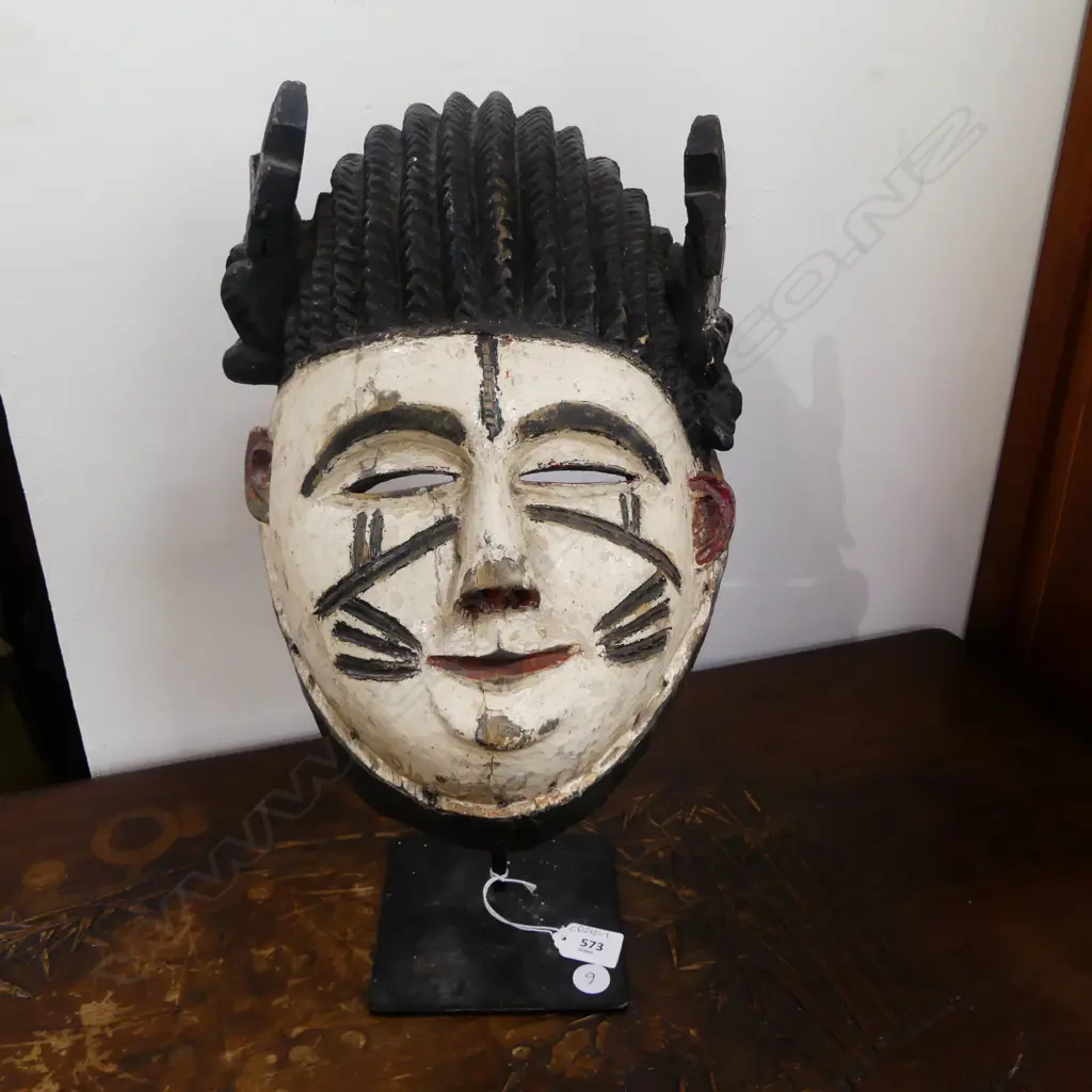CARVED WOODEN GABON? AFRICAN MASK ON METAL STAND H.330/430mm Image 1++