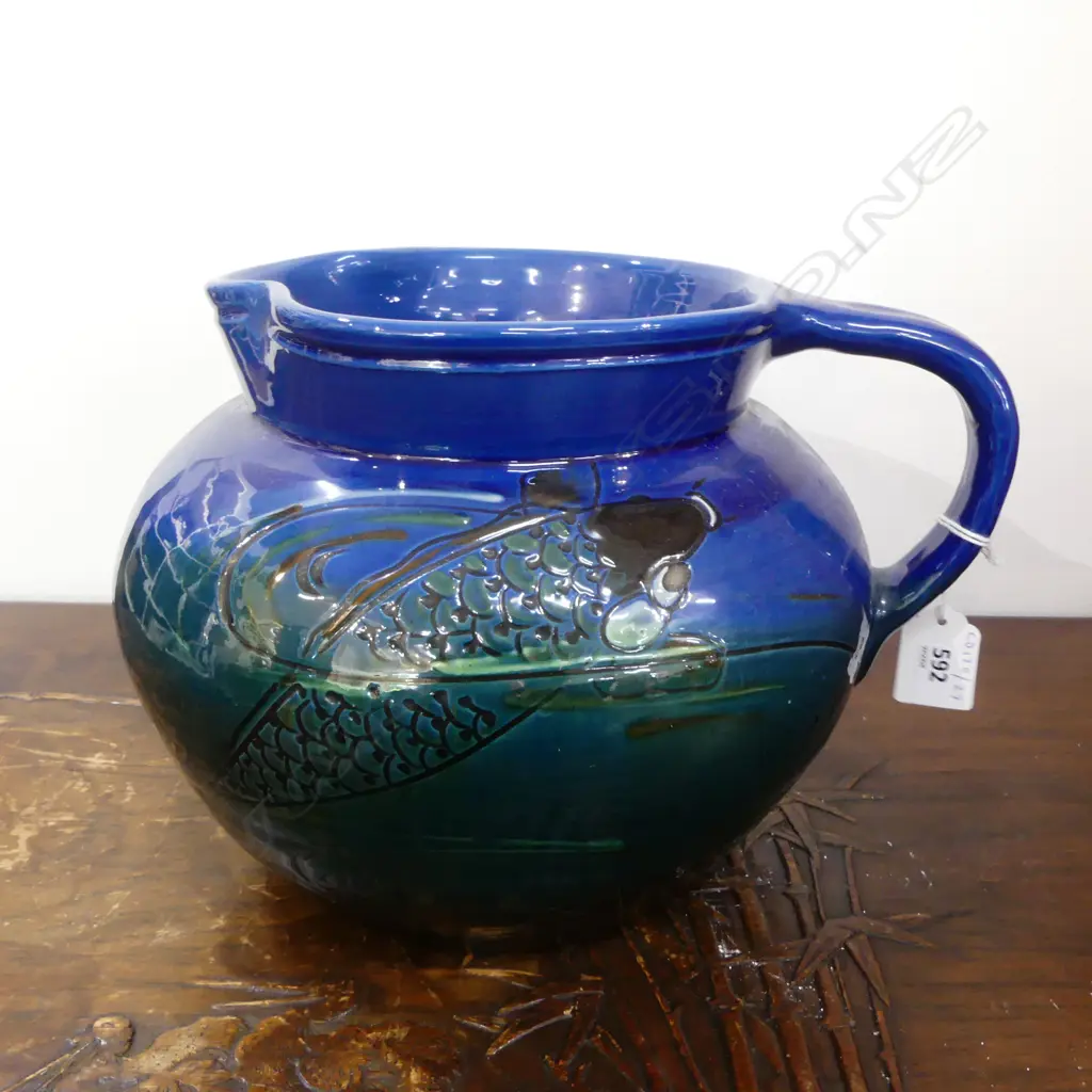 LG STUDIO POTTERY JUG w. CARP FISH INCISED C H BRANNAM H.185mm Image 1++