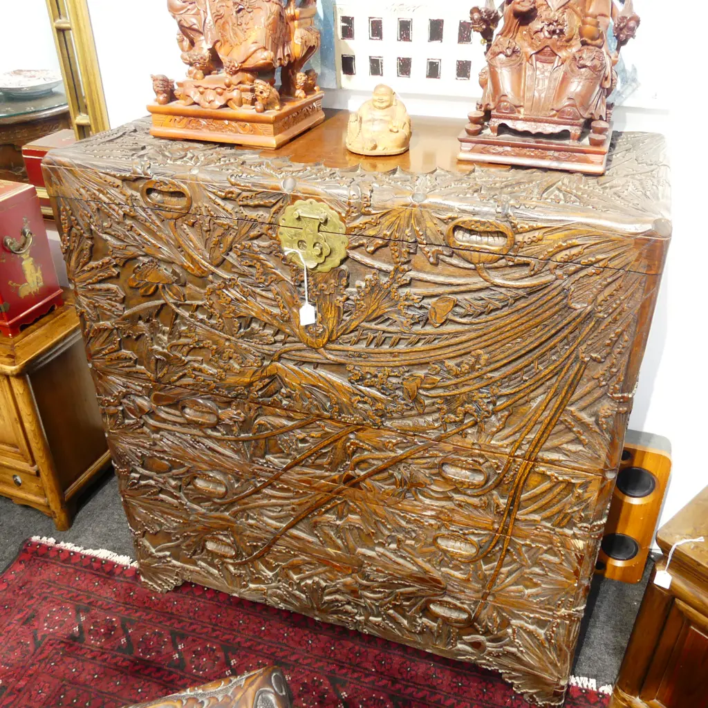 TALL CARVED CAMPHOR 3 DRAWER CHEST w. HINGED TOP & BRASS FITTINGS 1000x500x1055mm Image 1++