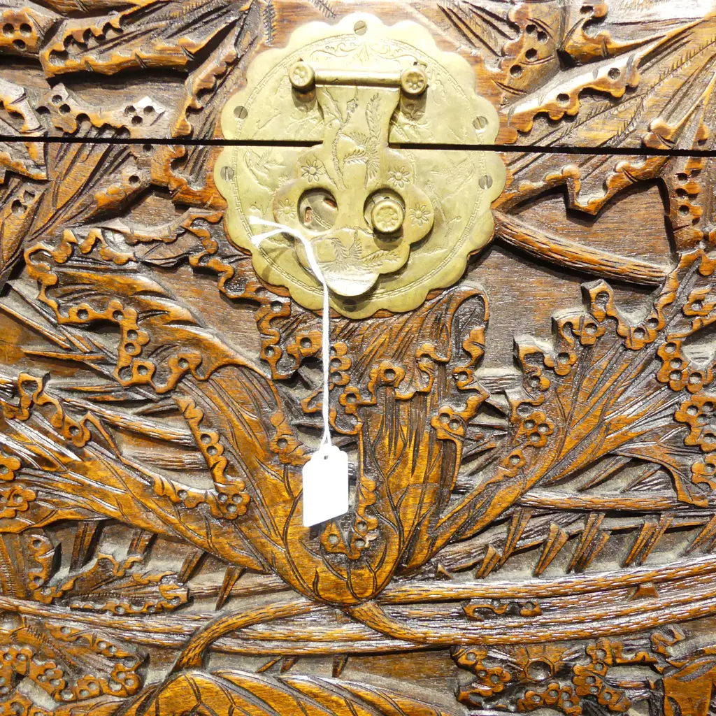 TALL CARVED CAMPHOR 3 DRAWER CHEST w. HINGED TOP & BRASS FITTINGS 1000x500x1055mm Image 1++