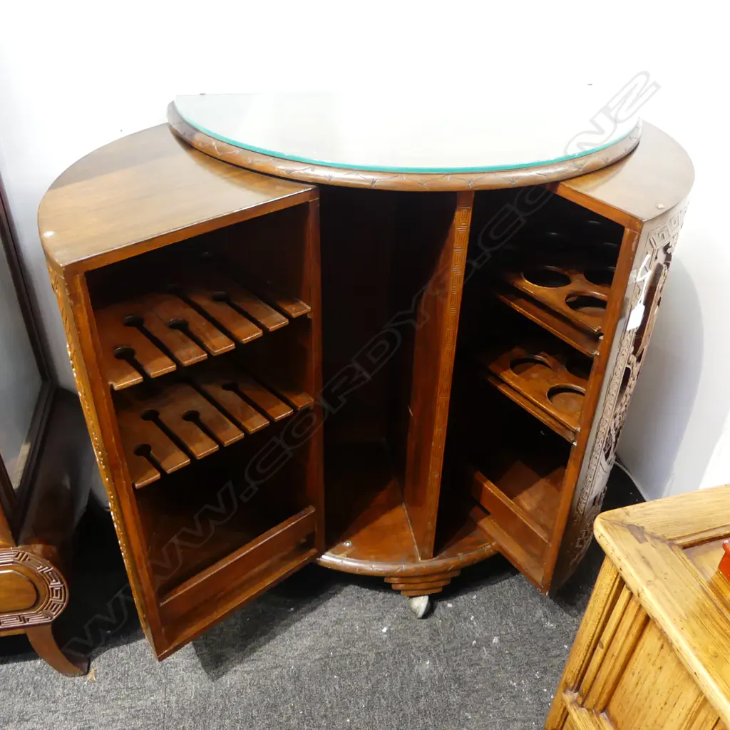 CARVED ROSEWOOD DEMILUNE COCKTAIL CABINET (TOP DAMAGED) 755x375x880 Image 1++